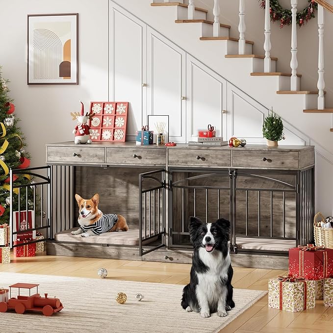 GAOMON Dog Crate Furniture for 2 Dogs, 78.7'' Large Dog Kennel Indoor with 4 Storage Drawers and Feeding Bowls, Double Dog Crate TV Stand for Small and Medium Dogs, Gray