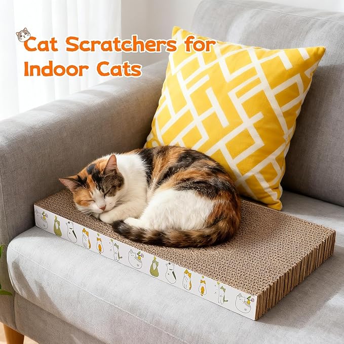 PatiencET Cardboard Cat Scratcher Pads, 4-Pack (2 Flat Double-Sided, 2 Wavy), Catnip Included, for Small and Medium Indoor Cats