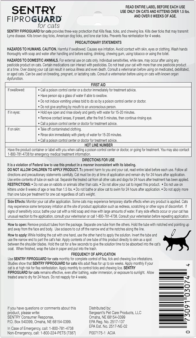 Sentry Fiproguard for Cats, Flea and Tick Prevention for Cats (1.5 Pounds and Over), Includes 3 Month Supply of Topical Flea Treatments