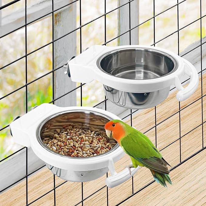BNOSDM 2 PCS Bird Feeding Dish Cups Perch Stand Hanging Stainless Steel Bird Bowls Food Container Food and Water Bowls with Spoon for Budgie Cockatoo Finch Lovebirds Pigeons (White)