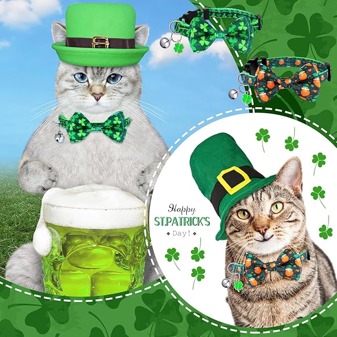 Kacctyen 18 Pcs St. Patrick's Day Cat Collars Bulk Holiday Cat Collars with Bow Tie 4th of July Patriotic Decoration Kitty Breakaway Adjustable Pet Kitten Bowtie Decor(Medium)