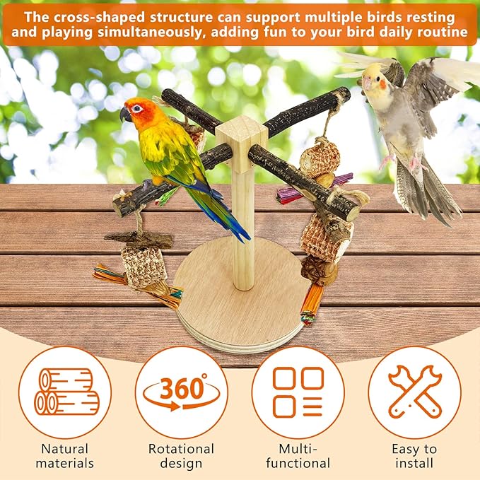 Rotating Bird Perch Stand Toy Natural Wooden Parakeet Toys with Edible Chew Toy Interactive Spinning Toy Bird Cage Accessories for Parakeets Budgies Conures Cockatiels Lovebirds Finches