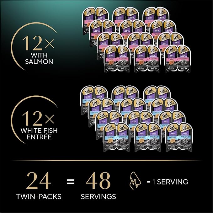 Sheba Perfect Portions Wet Cat Food Pate, Sustainable Salmon and Tender Whitefish & Tuna Entree, Cat Food Wet Recipe Variety Pack, 2.6 oz. Twin-Pack Trays (12 Count, 24 Servings) (Pack of 2)