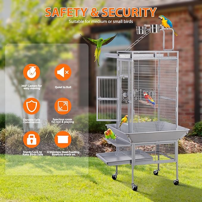 LEMY 61 Inch Bird Cage,Large Iron Flight Parakeet Cage with Play Top and Rolling Stand,White Indoor&Outdoor Use Birdcage for Parrots,Cockatiels,Conures,Lovebirds, Small Birds
