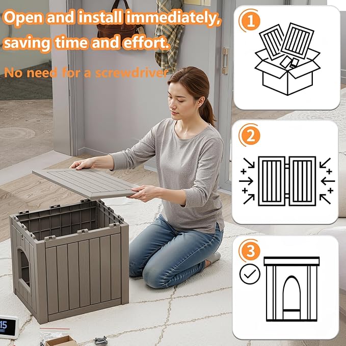 Cat Litter Box Enclosure, Waterproof Resin Hidden Litter Box Furniture Side Table with Openable Front Door for Small Pets, Indoor & Outdoor Use (Grey)