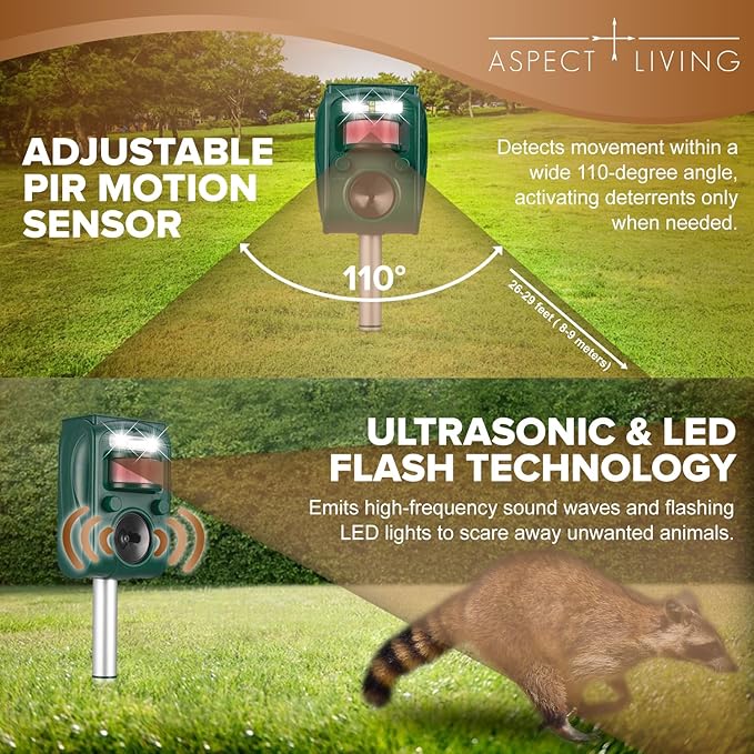 Solar Ultrasonic Animal Repellent Outdoor, Squirrel Deer Repellent Devices Motion Detection,IP65 Waterproof Cat Mouse Raccoon Dog Bird Repellent Deterrent