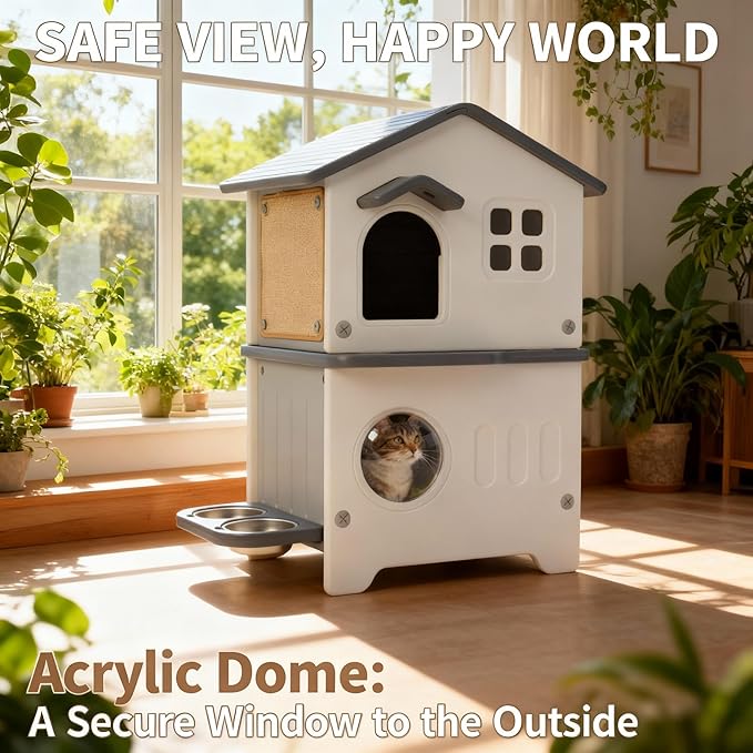 Outdoor Cat House with Insulated Liner, Weatherproof for Feral Multi Cat, 2 Story Plastic Elevated Cat Shelter with Escape Door, Scratching Post, Stainless Steel Bowl, Grey 35" D x 15" W x 20" H