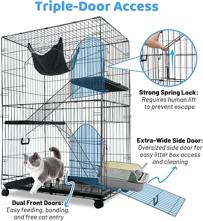 Homey Pet 51 Inch Cat Cages Indoor, 3-Tier Cat Crates for Indoor Cats, Collapsible Metal Wire Large Cat Kennel Big Multi-Level Kitten Crate with Wide Side Door, Plastic Platform, Ramp, 360° Wheel