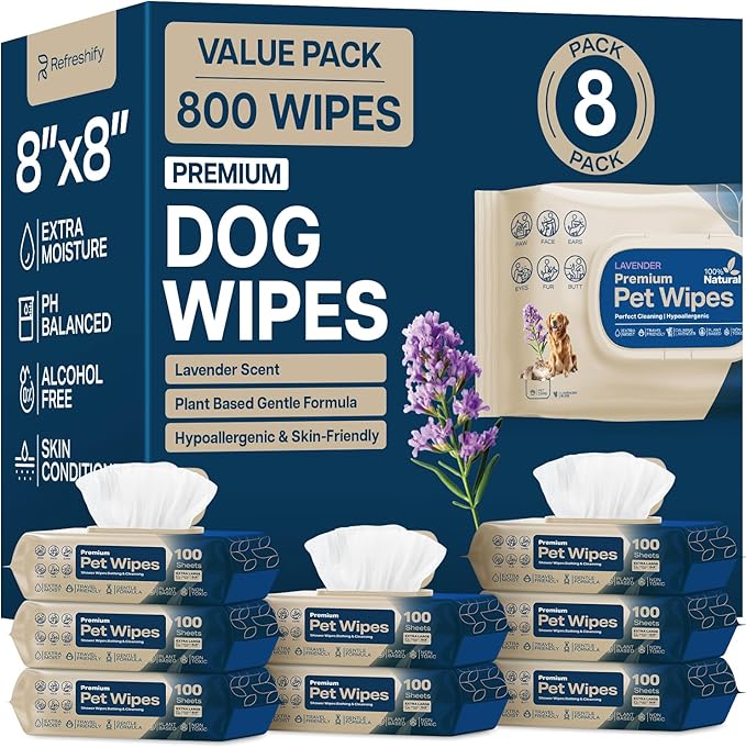 Dog Wipes for Paws and Butt - (800 Wipes) - Plant Based Lavendar Scented, Pet Wipes for Dogs and Cats - Deodorizing Non Toxic Dog Wipes - 8 Packs of 100