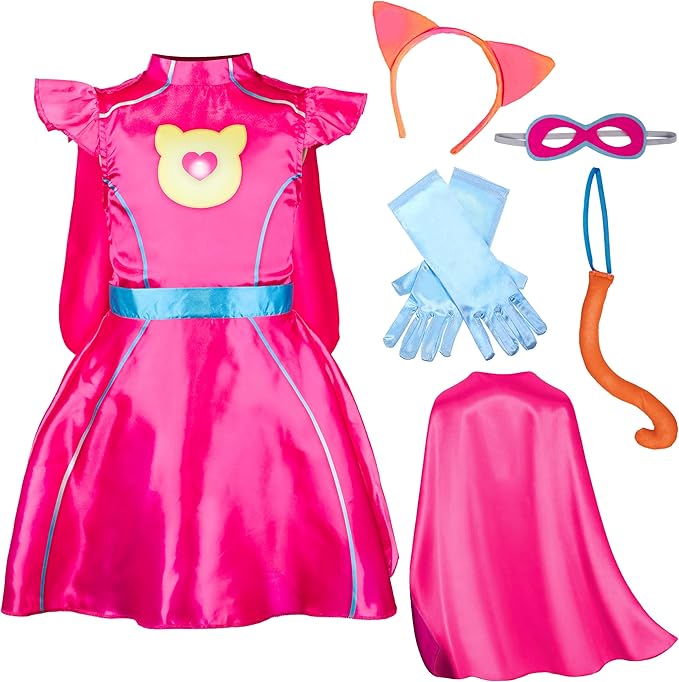 IKALI Pink Kitties Costume for Kids Girls Halloween Superhero Cat Fancy Dress with Cape
