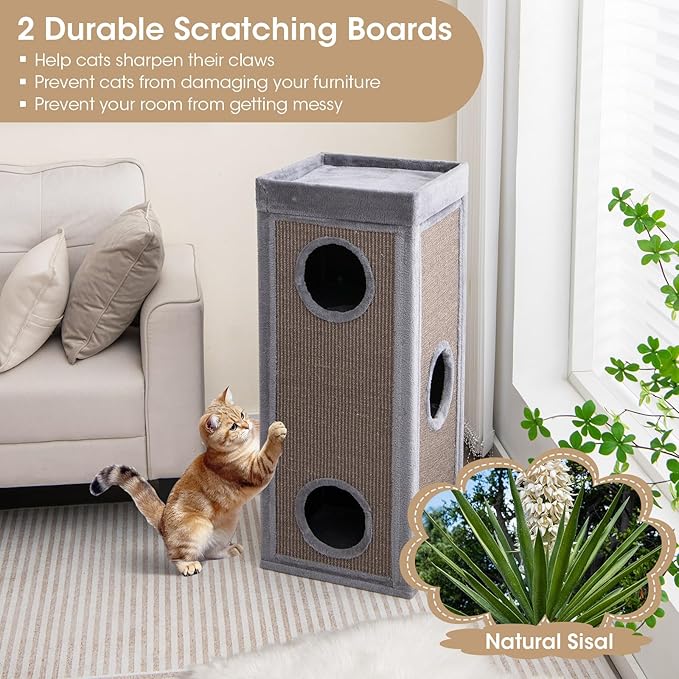 PETSITE 4-Story Cat Tree Condo Barrel Tower, 39 Inches Top High Edge Cat Condo Bed with Removable Cushion, Natural Sisal-Covered Scratching Board Indoor Cat Furniture, Grey