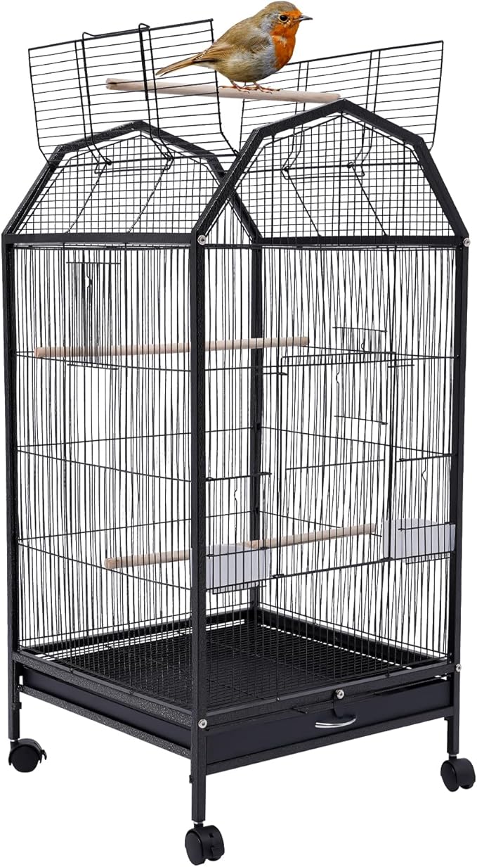 40-inch Large Flight King Bird Cage, Black Parakeet Cages with Rolling Wheels Wide Birdcage for Parrots Cockatiels Conure Budgie Canary Finch Lovebird