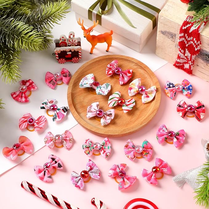 Tondiamo 100 Pieces Pink Valentine Dog Hair Bows with Rubber Bands Red Purple Rhinestone Puppy Grooming Topknot Bow Candy Tree Santa Reindeer Pet Hair Accessories for Small Girl