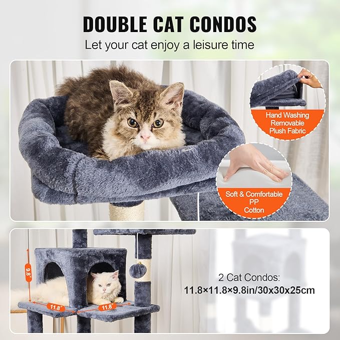 VEVOR Cat Tree for Indoor Cats, 63" Cat Tower with 2 Cat Condos, Sisal Scratching Post, Hammock, Top Perch, Jumping Platforms, Large Cat Furniture Activity Center with Hang Ball, Dark Grey