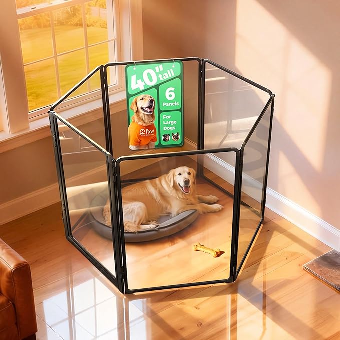 FXW AuraSpace Pro Metal & Acrylic Indoor Dog Playpen, All-Acrylic Clear Heavy-Duty Design, 40" Height 6 Panels for Medium and Large Dogs, Black│Patented