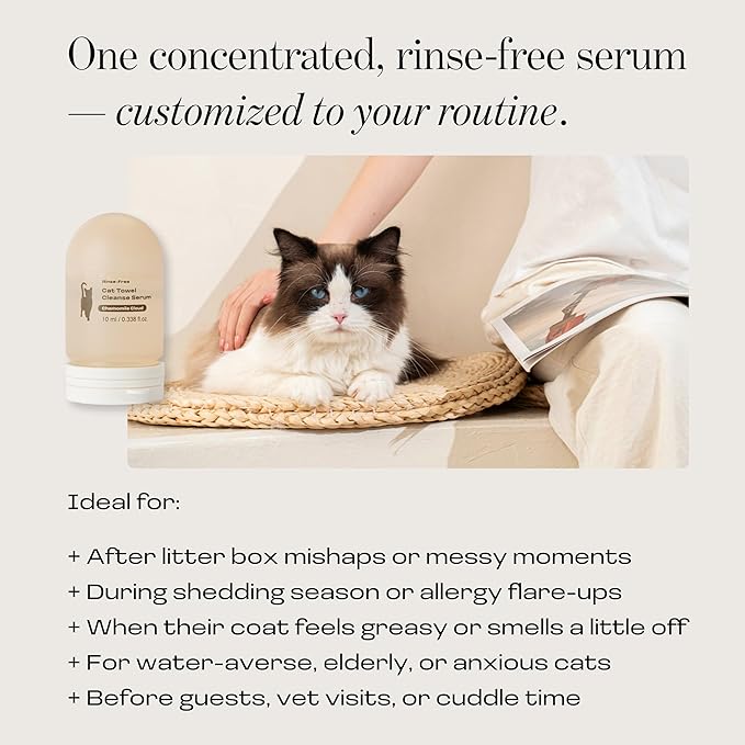 Cat Concentrated Waterless Rinse-Free Shampoo & Conditioner with Bath Mitt – Sensitive Skin, Stress & Itch Relief Gentle Leave-in Serum – 98.65% Naturally Derived-Dry Shampoo for Cats–8×10ml