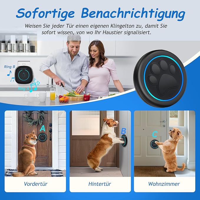 Soft Ring Blk Dog Bells to Go Outside - Wireless Dog Door Bell with 1000ft Range, 60 Melodies, LED, Waterproof Potty Training Bell for Dogs - Dog Door Bells for Potty Training(2 Receivers & 1 Bell)