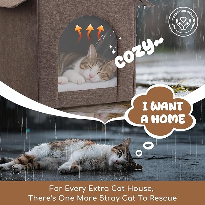 Outdoor Cat House Weatherproof, Insulated Cat Dog Houses for Outdoor/Indoor Cats for Winter, Waterproof Feral Stray Cat Shelter with Door Curtain and Warm Cushion, Easy to Assemble, Brown