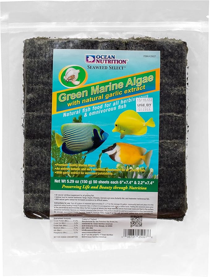 Ocean Nutrition Seaweed Select Green Marine Algae - Nutritious Fish Food for Herbivorous Marine Fish, Live Fish & Invertebrates - Natural Seaweed Sheets with Garlic Extract - 50 Sheets, 5.29 oz (150g)
