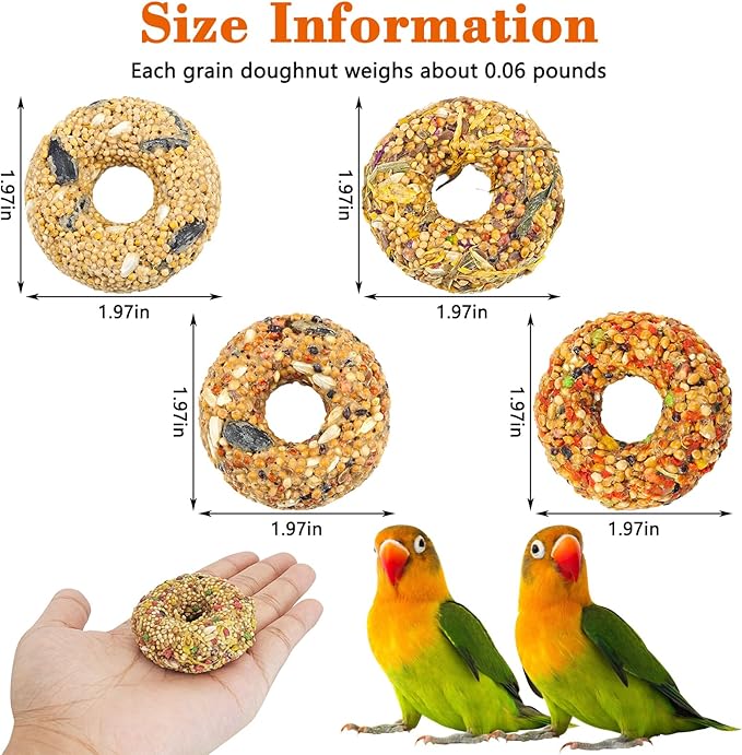 Fhiny Parakeet Treats, 4 PCS Donut Shaped Natural Grain Cockatiel Food with Fruits Vegetables Flowers and Herbs for Parrot Conure Lovebird Training Rewards and Beak Grinding