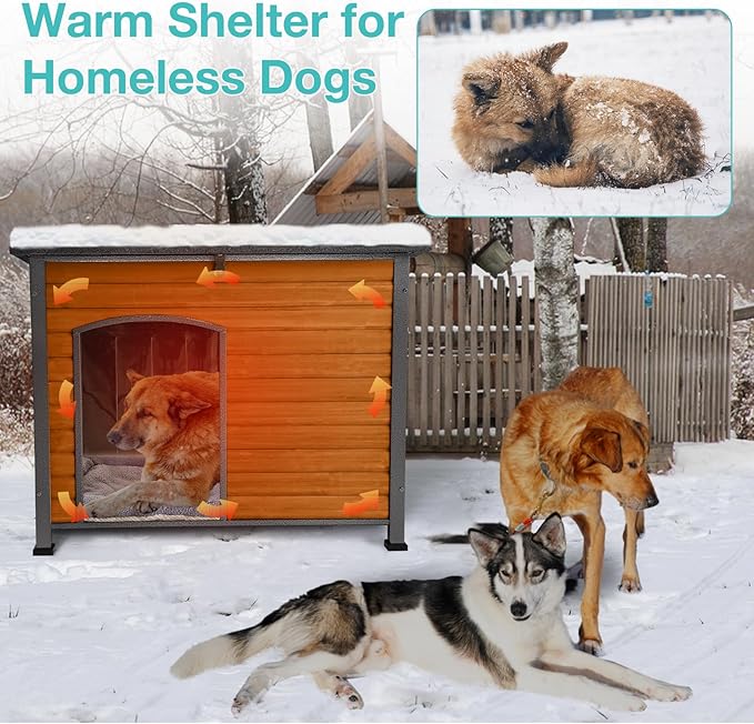 Feral Dog Heated House Outdoor,Anti Bite Iron Frame Dog Kennel,Wood Warm Pets Home,Insulated Weatherproof Outside Shelter for Feral Animal (43.3" (L) x 29.4" (W) x 33.4" (H)-Brown-in)