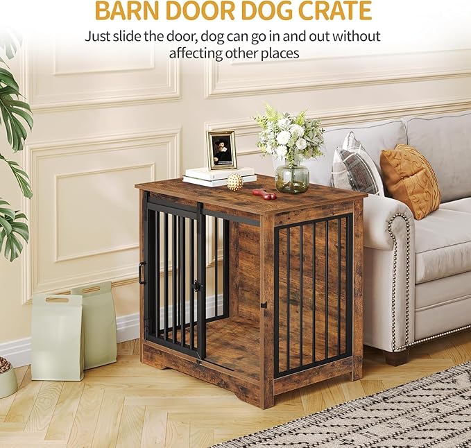 27.2" Dog Crate Furniture with Barn Door, Heavy Duty Dog Kennel Indoor with 2 Doors, Wooden Pet Cage End Table for Small Medium Dogs up to 22 lb, Anti-Chew Anti-Escape, Rustic Brown DFC84301B