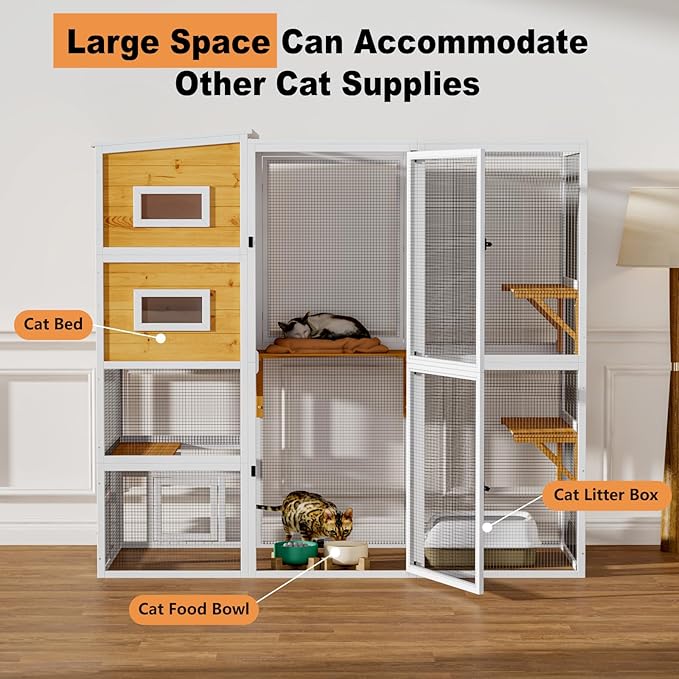 Large Indoor Cat Catio, 4 Tier Outdoor Cat Enclosures House for Cats with Waterroof Roof, 3 Resting Rooms, 3 Platforms, Cats Catio Connect to Window with 2 Large Door, Feral Pet Shelter, White