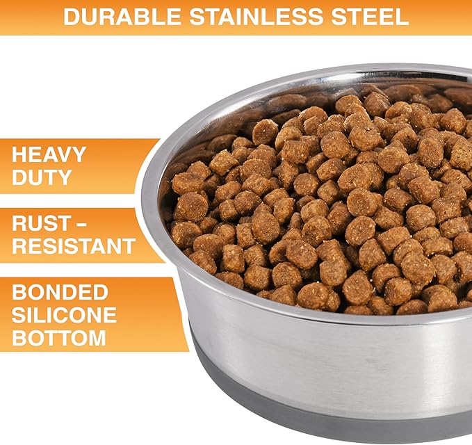 Neater Pet Brands Stainless Steel Dog Bowls with Non-Slip Rubber Bottom – Set of 2, 8 Cup (64 oz), Gray - Heavy Duty Metal Dog Bowl, Dishwasher Safe, Food or Water Bowl, Ideal for Large Dogs