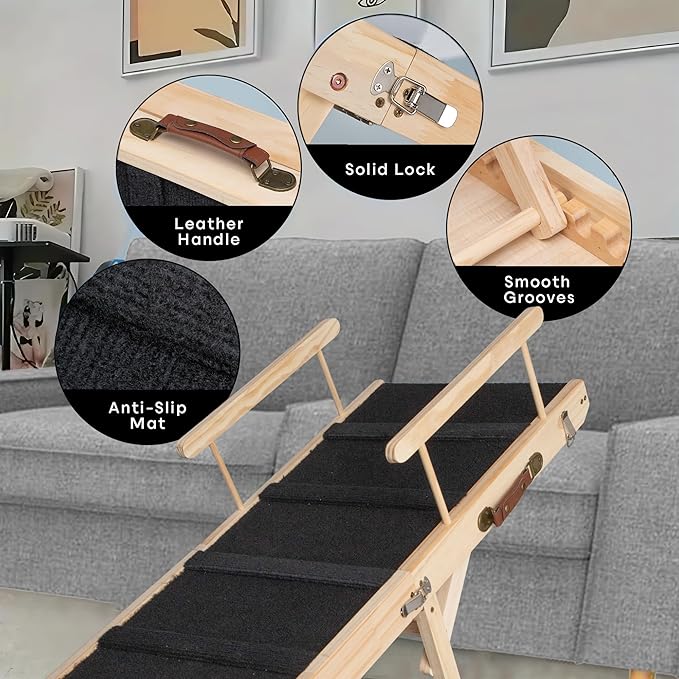 Wooden Pet Ramp for Bed, Foldable Dog Ramp with Removable Side Rails, Lightweight Ramp for Dogs for Large Dogs Senior Cats, Supports up to 70 lbs for Easy Access to Bed or Car (Medium)