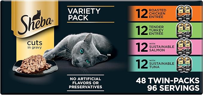 Sheba Perfect Portions Wet Cat Food Cuts in Gravy, Roasted Chicken Entree, Tender Turkey Entree, with Sustainable Salmon, and with Sustainable Tuna, 2.6 oz. Twin-Pack Trays (48 Count, 96 Servings)