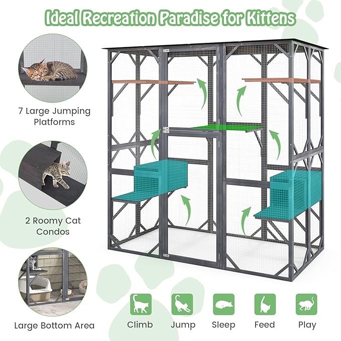 Tangkula Catio Outdoor Cat Enclosure Large, 71 Inch Outdoor Cat House Weatherproof with Asphalt Roof, Wooden Cat Cage Playpen with 7 Jumping Platforms & 2 Resting Boxes, Walk-in Cat Kennel Condo