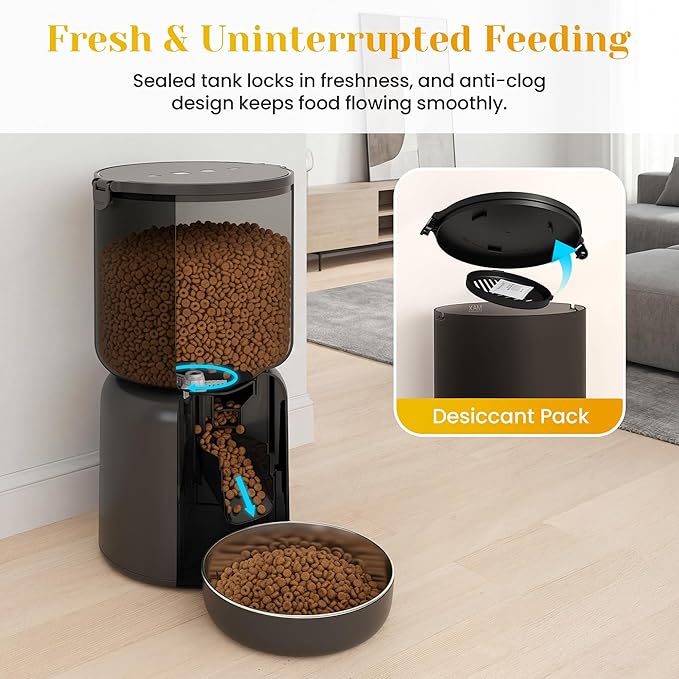 Automatic Cat Feeder with 1080p HD Camera, Automatic Dog Feeder with App Control via 2.4G/5G WiFi, Dual Power System & Voice Recording, 4L Food Dispenser for Cats and Small Dogs, Black
