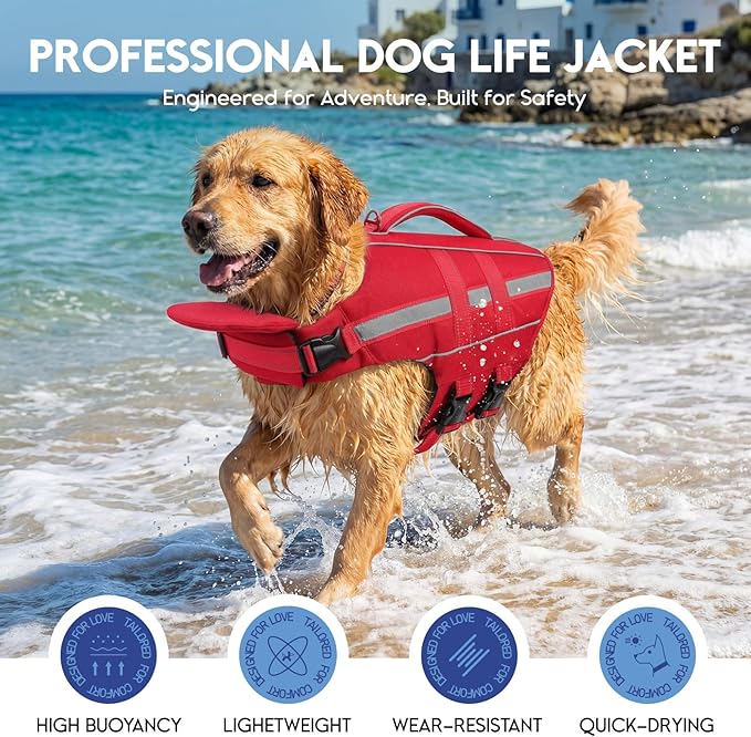 ASENKU Removable Front Float Dog Life Jacket, High Buoyancy Dog Life Vest with Reflective Strips & Rescue Handle for Swimming & Boating, Adjustable Life Jacket for Dogs(Red M)
