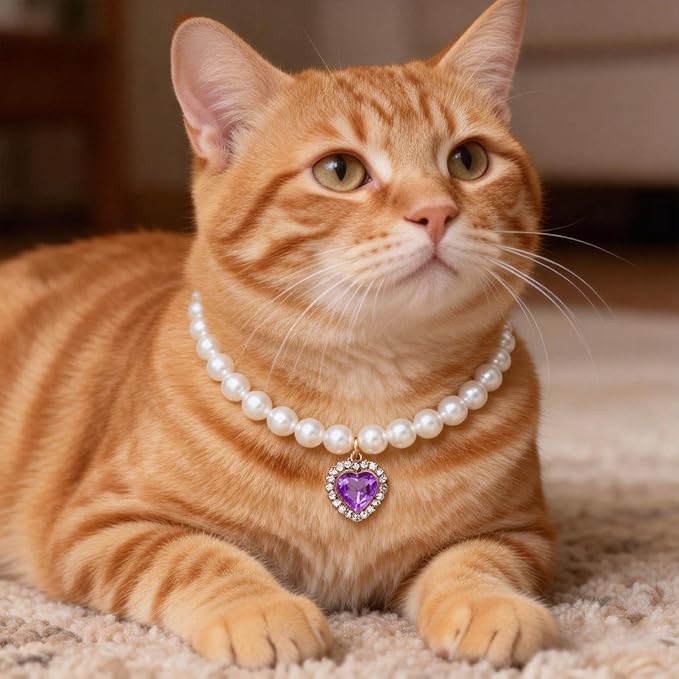 Cat Dog Sparkle Jewelry Pearl Collar Puppy Kitten Rhinestone Pendant Adjustable Charm Necklace for Small Pets Wedding Photography 2 Pack (Purple and Emerald Green)