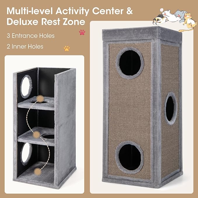 Tangkula 4 Story Cat Tree Condo, 39 Inch Multi-Layer Cat House with Sisal Scratch Pad, 3 Hideaways, Removable Soft Top Plush Bed, Barrel-Shaped Pet House Tower for Indoor Cats, Modern Cat Furniture