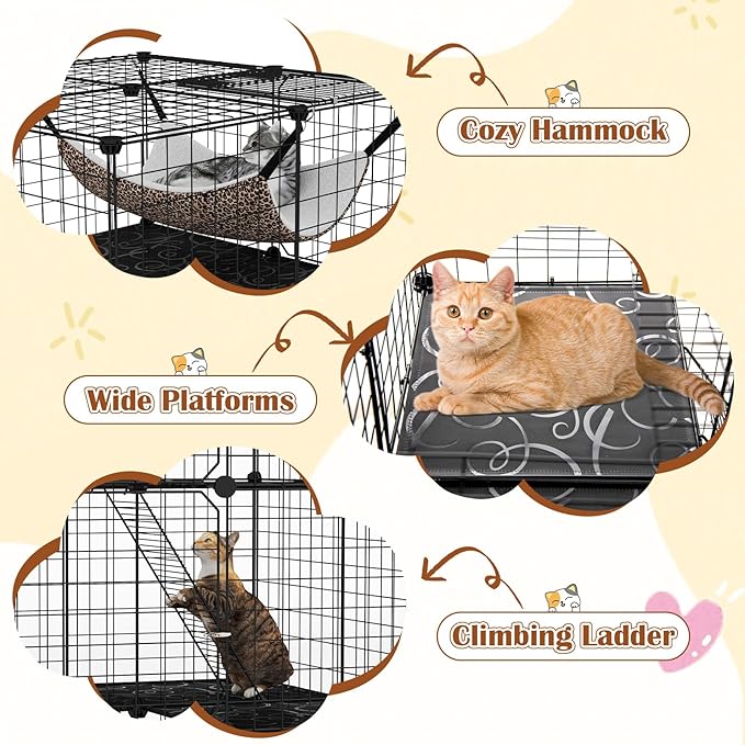 Tangkula Cat Cages Indoor, 3-Tier Cat Enclosure with Skylight, Extra Large Hammock, 2 Ladders, Detachable Metal Wire Kennel with 3 Lockable Doors, DIY Cat Crate & Pet Playpen Catio for 1-3 Cats Kitten