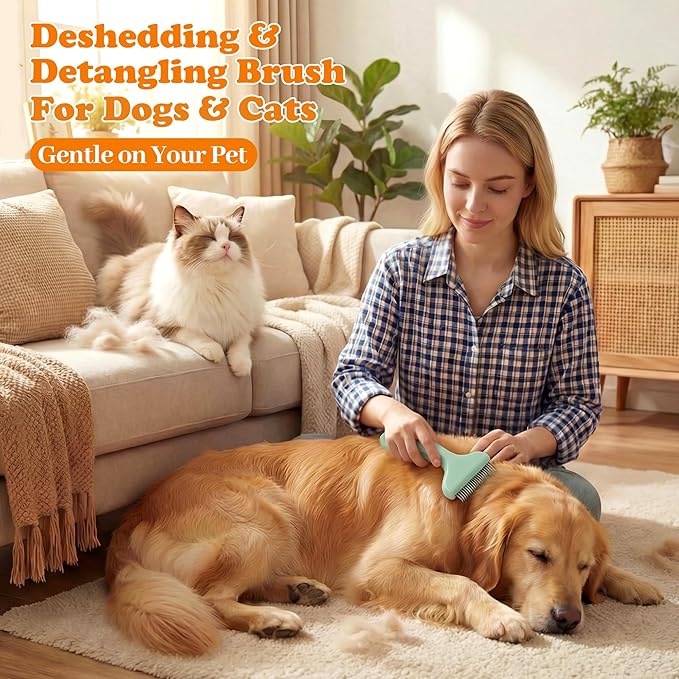 Dog Deshedding Brush & Dematting Comb for Cats - Removes Mats, Tangles & Loose Hair Painlessly, Professional Undercoat Rake for Long Haired Pets(Green)