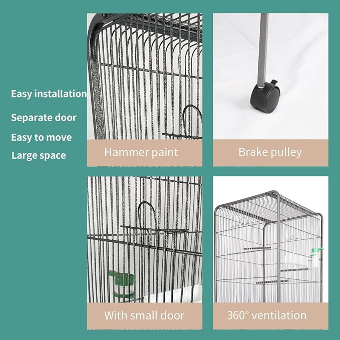 Steel Bird Cage with Rolling Stand, Plastic Feeder, PP Slide-Out Tray Large Flight Cage for Parrots, Parakeets, Cockatiels, Pigeons and Lovebirds Big Bird Cage Antique Gray As Shown