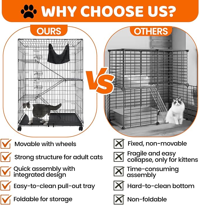 Homey Pet 50 Inch Cat Cages Indoor, Large 4-Tier Cat Crates for Indoor Cats, Collapsible Metal Wire Cat Kennel Big Multi-Level Cat Cage for Adult Cats Kitten Kitty with Hammock, Ramp, 360° Wheels
