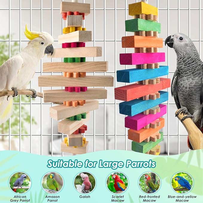 Large Bird Toys for Parrot, 2 Pcs Colorful Natural Wood Block Chew Tearing Toy with Bell for Macaws, African Greys, Amazon Parrots, Eclectus, Cockatoo