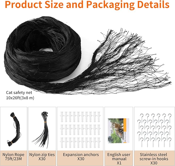 Cat Balcony Rail Net, 10 x 26 ft Cat Anti-Fall Netting Pet Balcony Mesh Fence Net Dog Fence Nets Black Nylon Pets Anti-Fall Mesh Fence