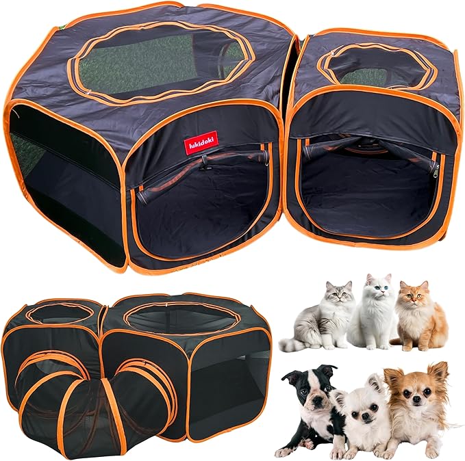 Portable Dog Playpen 2-Room with Tunnel, 3-in-1 Large Cat Crate Play Enclosure with Separate Areas, Foldable Pet Playpen for Puppy Kitten and Small Animals Indoor Outdoor