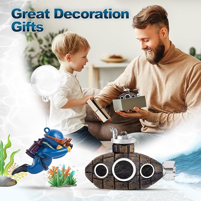 CousDUoBe 2.1 in Mini Floating Submarine Fish Tank Decoration Set，Cute Retro Submarine Set and Floating Diver,Aquarium Decorations Resinous Betta Fish Tank Accessories