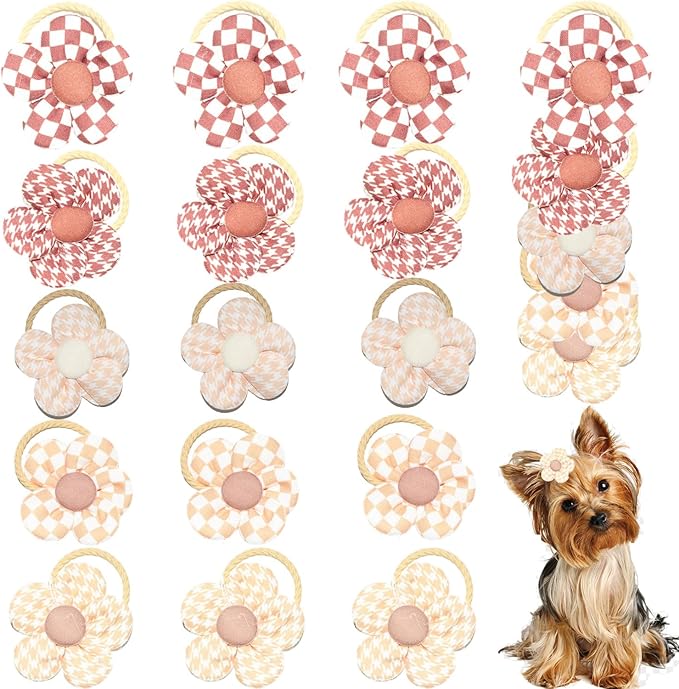 20 Pcs Handmade Cute Puppy Hair Bows, Flower Bowknot with Rubber Bands for Small Dog Hair Ties Accessories Brown