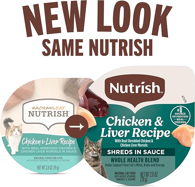 Nutrish Grain Free Wet Cat Food Chicken & Liver Recipe Whole Health Blend with Real Shredded Chicken & Chicken Liver Morsels in Sauce Wet Cat Food, 2.8 oz. Cup (Rachael Ray) (Pack of 24)