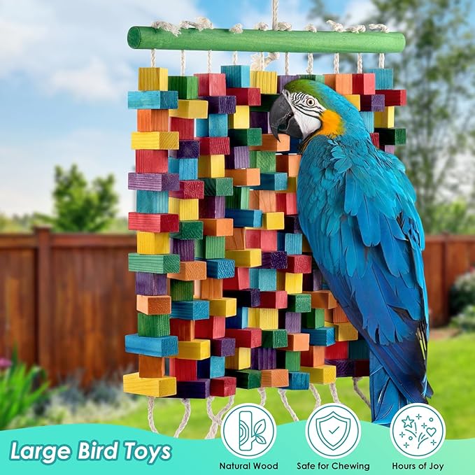 Large Bird Toy, 20in Parrot Toys for Cage, Multicolored Natural Chew Wooden Blocks for Medium to Large Macaws, Amazon, African Grey, Cockatoos
