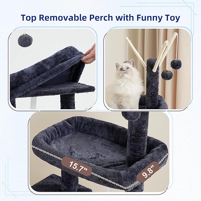 Cat Tree for Indoor Cats, Cat Tower with Scratching Post for Small Cats and Kittens, Cat House with Removable Top Platform and Fluffy Balls, Hanging Cat Basket, Smoky Gray GCT006SG