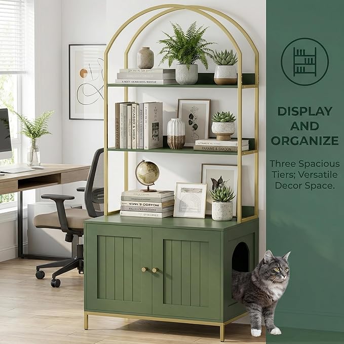 Homhedy Cat Litter Box Enclosure, Litter Box Furniture Hidden with 2-Tier Storage Shelves, Wooden Cat Washroom Furniture with Metal Frame, Modern Style, Green and Gold