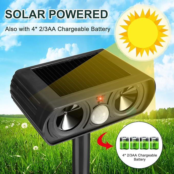 Qualirey 3 Pack 2025 Solar Ultrasonic Animal Repellent Outdoor Sonic Deer Repellent Devices Deterrent Away Cat Dog Raccoon Rabbit Pet with Motion Sensor Weatherproof General for Garden Yard Farm Lawn