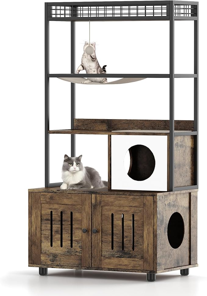 Cat Litter Box Enclosures with Storage Rack, Enclosed Litter Box Furniture, Hammock, Sisal Balls and Cat Scratching Mat
